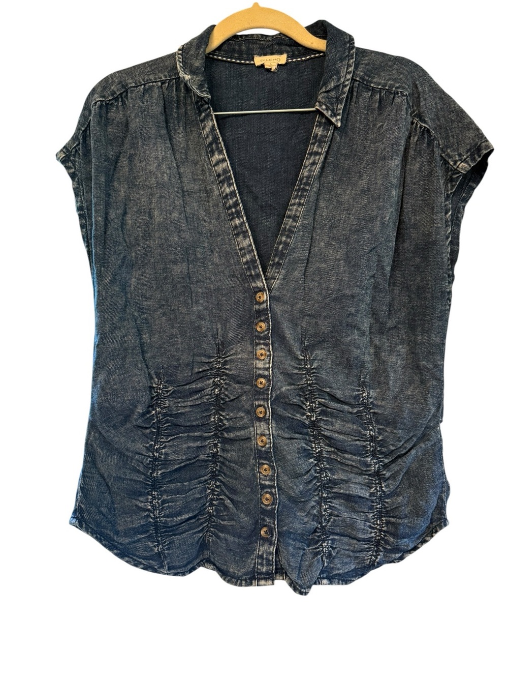 Pilcro Anthropologie Denim Ruched Button Front Top Size Large Chambray Blouse - Picture 2 of 7
